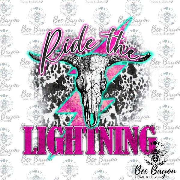 Ride The Lightning Cow Hide Pink Turquoise Neon Distressed Bull Skull Digital Download PNG Only