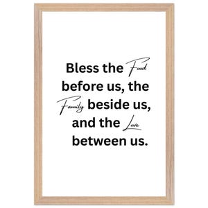 Bless the Food Before Us Print: Farmhouse Kitchen Wall Art, Oak Frame