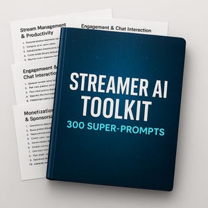 Puede incluir: Un libro azul oscuro titulado "STREAMER AI TOOLKIT" con el subtítulo "300 SUPER-PROMPTS" en texto blanco y turquesa. Varios papeles blancos con texto son visibles en el fondo.