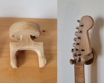 Eikenhouten gitaarwandhouder – Cadeau-idee voor muzikanten – Gitaaraccessoire – Handgemaakt – Houten gitaar-/basstandaard – Ruw, rond ontwerp