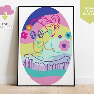 Girl Cross Stitch Pattern, Colorful Embroidery Design, Cute Cross Stitch PDF, Floral Counted Cross Stitch, Modern Cross Stitch Chart