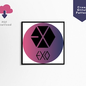 May include: A cross stitch pattern featuring the EXO logo. The logo is a black hexagon with a white X inside. The background is a gradient of pink and purple.