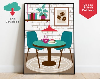 Coffee Shop Cross Stitch Pattern, Coffee Cross Stitch PDF, Coffee Lover Counted Cross Stitch, Coffee Lover Gift Idea, Coffee Decor