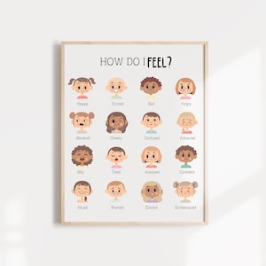 Pôster de sentimentos, gráfico de emoções, decoração de sala de aula, decoração de escola doméstica Montessori, impressão de sentimentos, arte de parede de sala de jogos, arte de sala de aula,