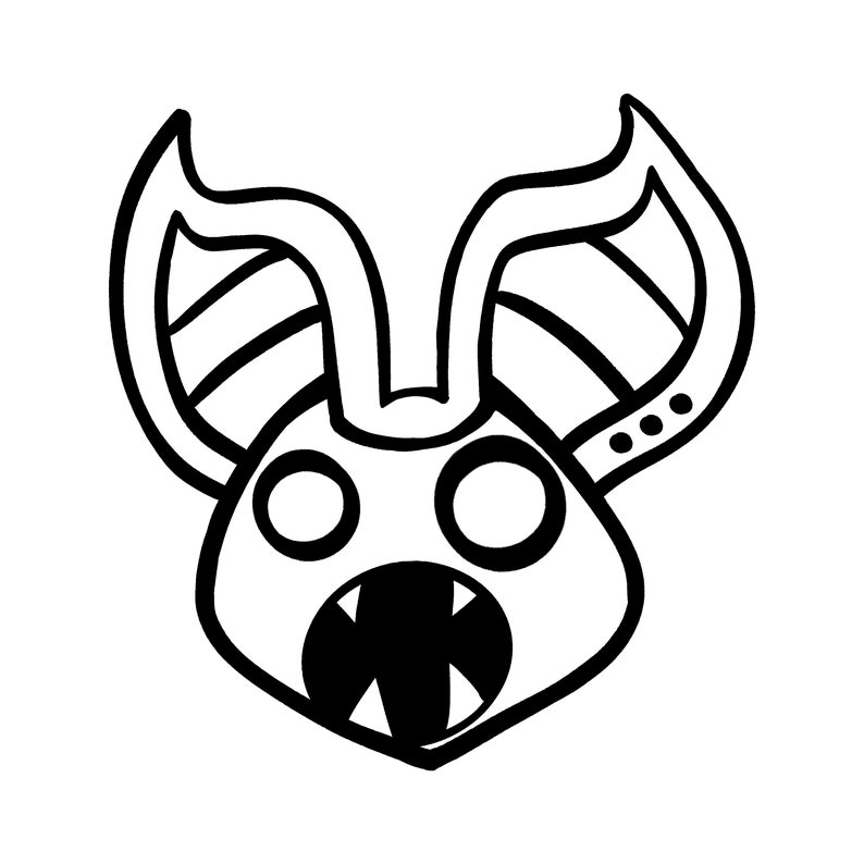 May include: Black and white line drawing of a cartoon monster with large ears, big eyes, and a wide open mouth with sharp teeth.