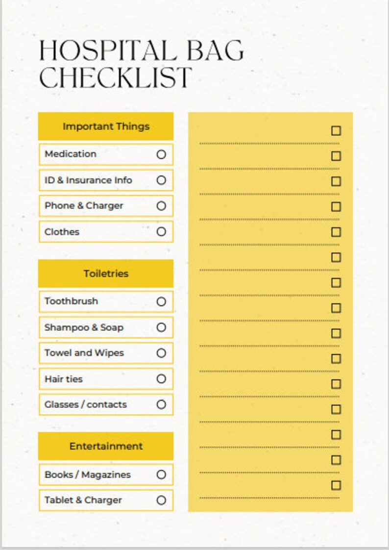 Hospital Planner Printable Hospital Bag Checklist Hospital Etsy UK