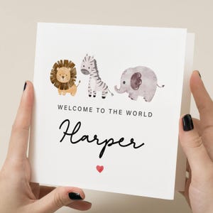 Carte de naissance personnalisée de bienvenue dans le monde, carte de bébé animaux du zoo de la jungle, carte de voeux mignon bébé animal, bébé garçon, petite fille, nouveau-né