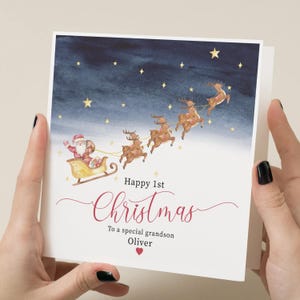 Première carte de Noël personnalisée pour enfants - Aquarelle père Noël - 1ère carte de Noël pour petit-fils - Premier Noël de petit-fils