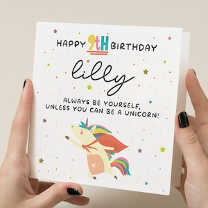 Carte personnalisée licorne 9e anniversaire, carte licorne 9e anniversaire, anniversaire de licorne, fille, petite-fille, nièce, soeur, filleule