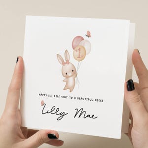 Carte de premier anniversaire fille, carte d'anniversaire de bébé fille, carte d'anniversaire personnalisée 1er lapin lapin pour nièce, carte d'anniversaire pour nièce