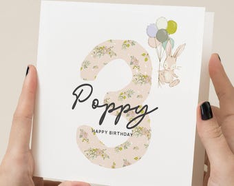 Carte pour le 3e anniversaire pour fille, fille, nièce, petite-fille, troisième carte d'anniversaire, carte d'anniversaire florale, carte personnalisée