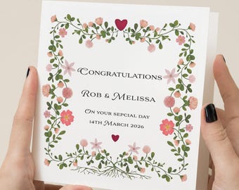 Personalised Floral Wedding Card | Custom Names and Date | Hand Illustrated Wildflower Congratulations Card | Botanical Marriage Keepsake