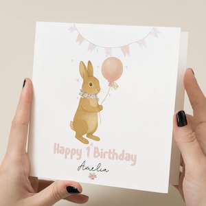 Carte de 1er anniversaire pour fille, fille, nièce, petite-fille, carte de premier anniversaire avec lapin, carte de 1er anniversaire personnalisée