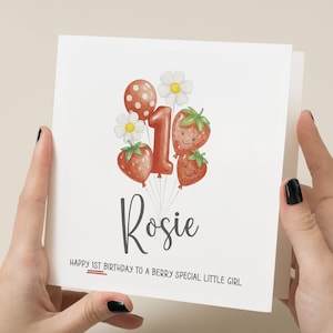 Carte de 1er anniversaire pour fille, fille, nièce, petite-fille, carte de premier anniversaire, carte d'anniversaire sur le thème des fraises, carte personnalisée