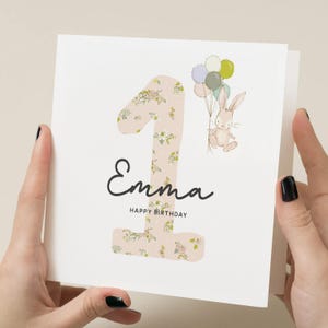 1st Birthday Card For Girl, Daughter, Niece, Granddaughter, First Birthday Card With Bunny Rabbit, Floral Birthday Card, Personalised Card