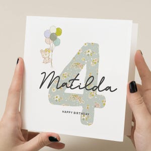 Carte de 4e anniversaire pour fille, fille, nièce, petite-fille, quatrième carte d'anniversaire, carte d'anniversaire florale, carte personnalisée