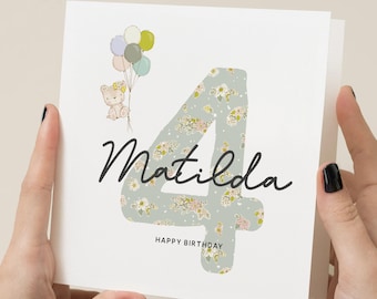 Carte de 4e anniversaire pour fille, fille, nièce, petite-fille, quatrième carte d'anniversaire, carte d'anniversaire florale, carte personnalisée