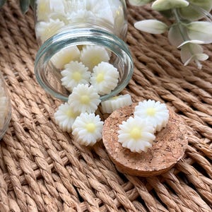 May include: A glass jar, tipped over, contains daisy-shaped wax melts. The white melts have yellow centres. Some are on a cork coaster. The background is a woven, light brown surface.