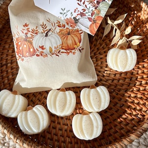 Puede incluir: Una bolsa de lona beige con un diseño de calabaza y varios derretidos de cera blancos en forma de calabaza con detalles de purpurina. Los artículos están dispuestos en una cesta de mimbre, creando una exhibición otoñal.