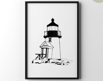 Arte de pared del faro imprimible, diseño minimalista náutico en blanco y negro, decoración moderna de la pared del faro costero, arte de línea de descarga digital