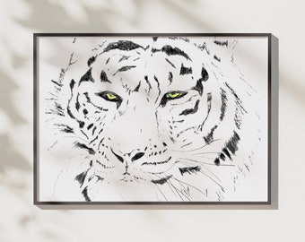 Impresión de arte de pared de tigre blanco, arte de pared de paisaje, impresión de tigre de ojos verdes, cartel de tigre, arte de pared horizontal, impresión de arte de tigre, impresión de pared de tigre