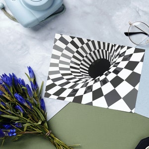 May include: A black and white checkered pattern creates a swirling, hypnotic effect, resembling a vortex or tunnel. The pattern is centered around a black circle, creating a sense of depth and illusion.