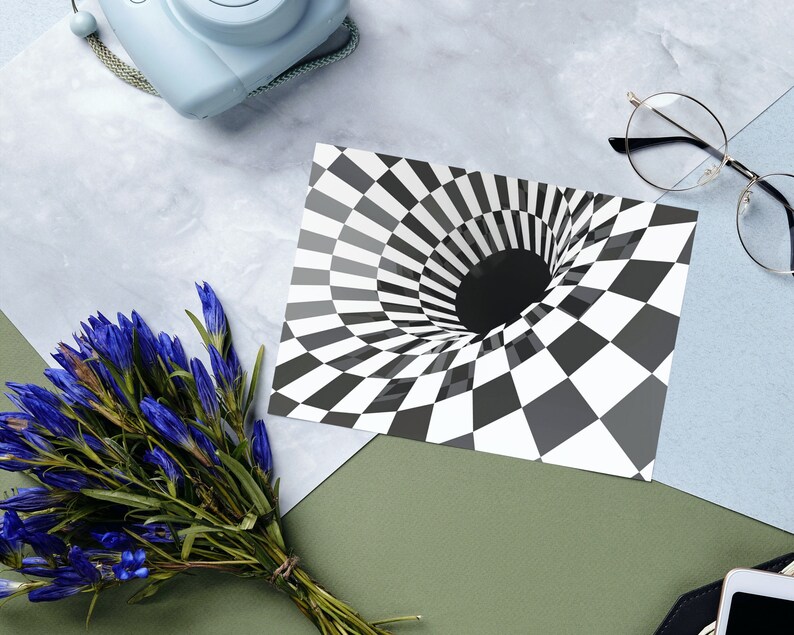 May include: A black and white checkered pattern creates a swirling, hypnotic effect, resembling a vortex or tunnel. The pattern is centered around a black circle, creating a sense of depth and illusion.