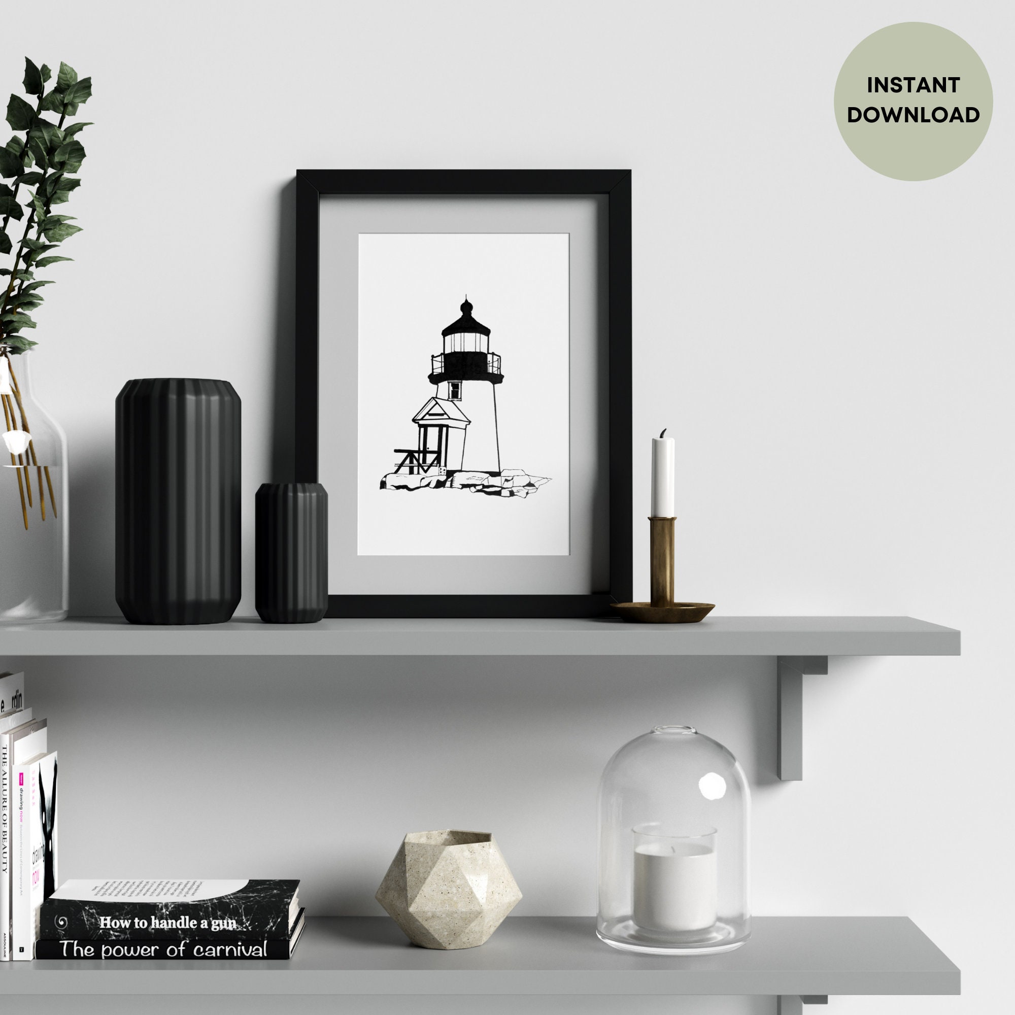 Printable Lighthouse Wall Art, Black and White Nautical Minimalist ...