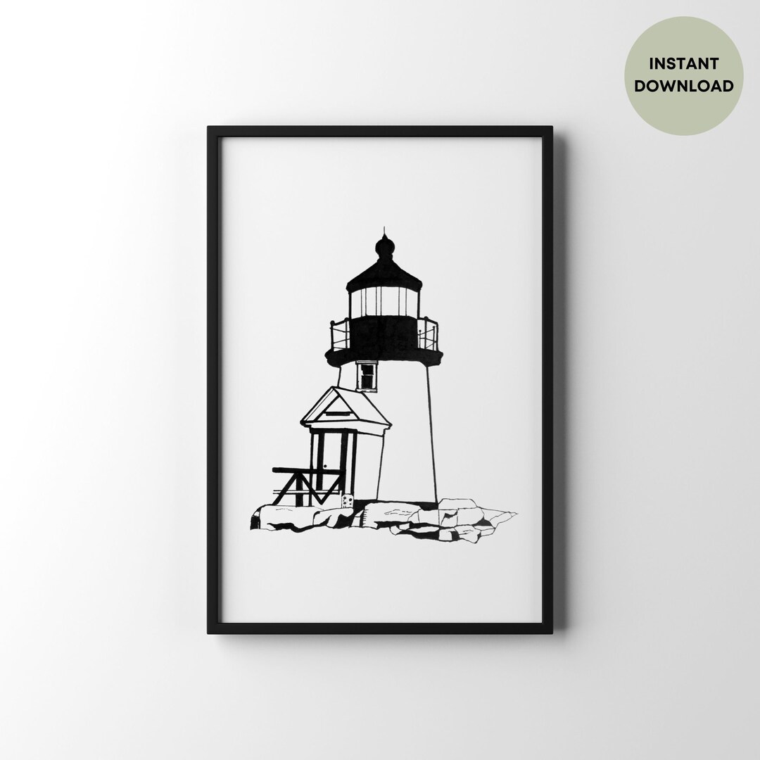 Printable Lighthouse Wall Art, Black and White Nautical Minimalist