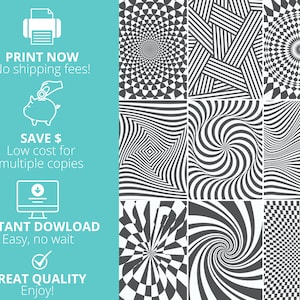 May include: A set of nine black and white optical illusion patterns. The patterns are arranged in a grid of three rows and three columns. The patterns include a checkerboard, a spiral, and a series of concentric circles.