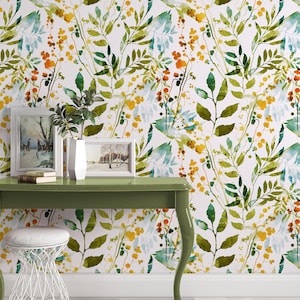 Removable Wallpaper Green Wallpaper Peel and Stick Wallpaper Wall Mural Boho Wallpaper Art Deco Watercolor Wallpaper Botanical