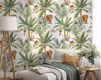 Peel Stick Wallpaper Jungle Wallpaper Botanical Wallpaper Tropical Wallpaper Green Wallpaper Animal Wallpaper Tiger Wallpaper