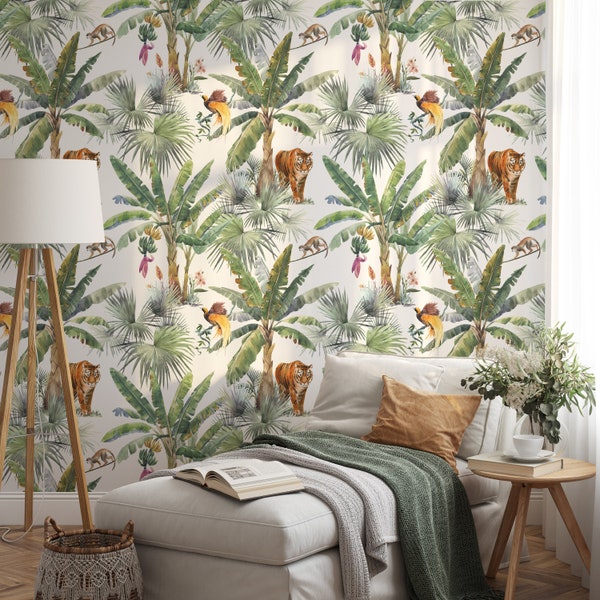 Peel Stick Wallpaper Jungle Wallpaper Botanical Wallpaper Tropical Wallpaper Green Wallpaper Animal Wallpaper Tiger Wallpaper