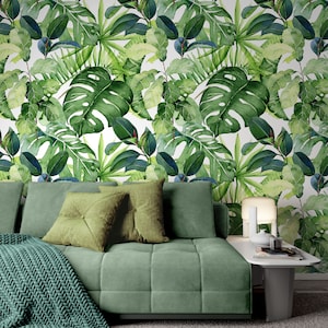 Removable Wallpaper Plant Peel and Stick Wallpaper Green Wallpaper Tropical Wallpaper Leaf Wallpaper Watercolor Tropical Mural