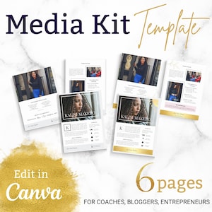 Könnte beinhalten: Eine sechseitige Media-Kit-Vorlage für Coaches, Blogger und Unternehmer. Die Vorlage ist für die Bearbeitung in Canva konzipiert und verfügt über ein Farbkonzept in Gold und Weiß. Der Text "Edit in Canva" ist in einer goldenen Schriftart geschrieben.