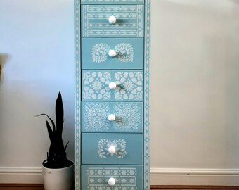 Upcycled Tall blue stenciled drawers