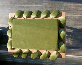 Green Woven Stool, Wooden Stool in Pistachio Green Cross Wavy Velvet Fabric, Unique gift, Living room, Make up Stool, Modern Design stool ,