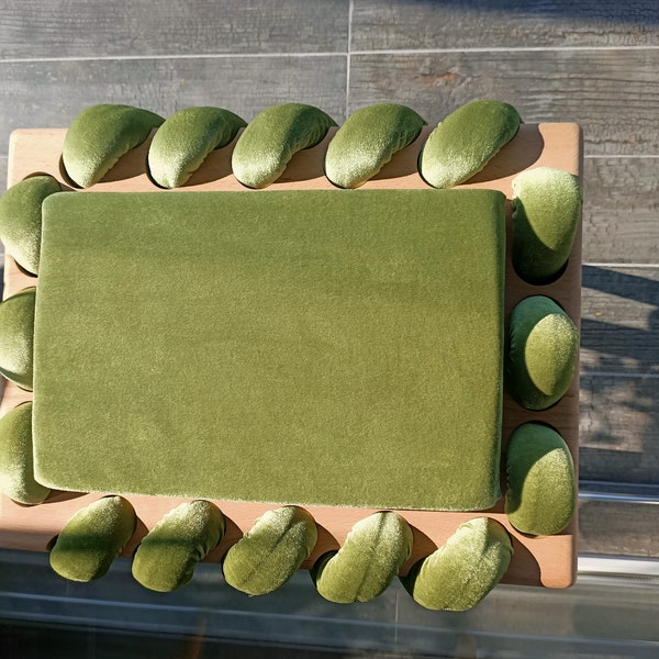 Green Woven Stool, Wooden Stool in Pistachio Green Cross Wavy Velvet Fabric, Unique gift, Living room, Make up Stool, Modern Design stool ,