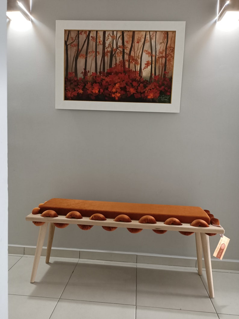 Long Bench, Wooden Orange Straight Wavy Velvet Fabric Bench, garden furniture, Ottoman bench, bedroom bench, entrway living room bench image 4