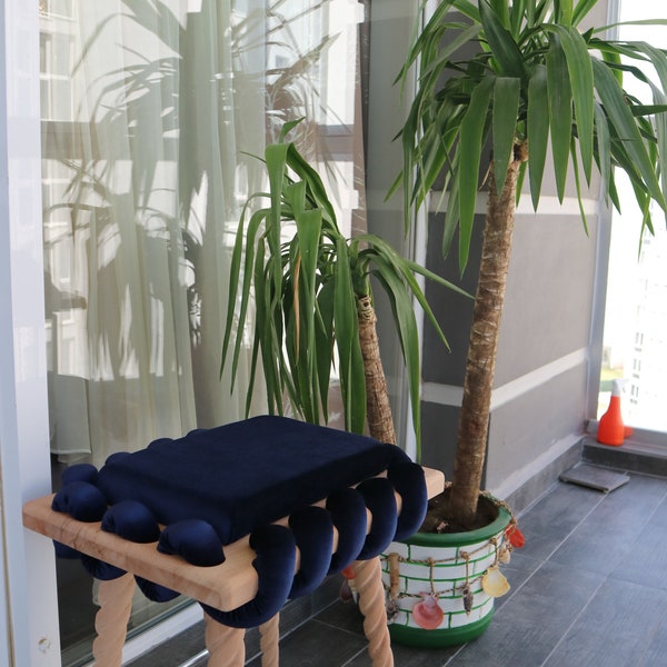 Long Ottoman Stool, Wooden Stool in Navy Blue Cross Wavy Velvet Fabric, Living room stool, Office furniture, gift for mom, Woven Chair