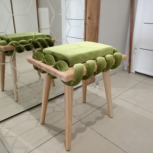 Green Woven Stool, Wooden Stool in Pistachio Green Cross Wavy Velvet Fabric, Unique gift, Living room, Make up Stool, Modern Design stool , image 4