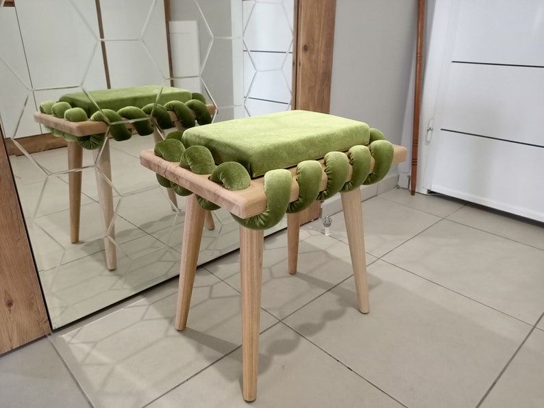 Green Woven Stool, Wooden Stool in Pistachio Green Cross Wavy Velvet Fabric, Unique gift, Living room, Make up Stool, Modern Design stool , image 4