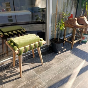 Green Woven Stool, Wooden Stool in Pistachio Green Cross Wavy Velvet Fabric, Unique gift, Living room, Make up Stool, Modern Design stool , image 6
