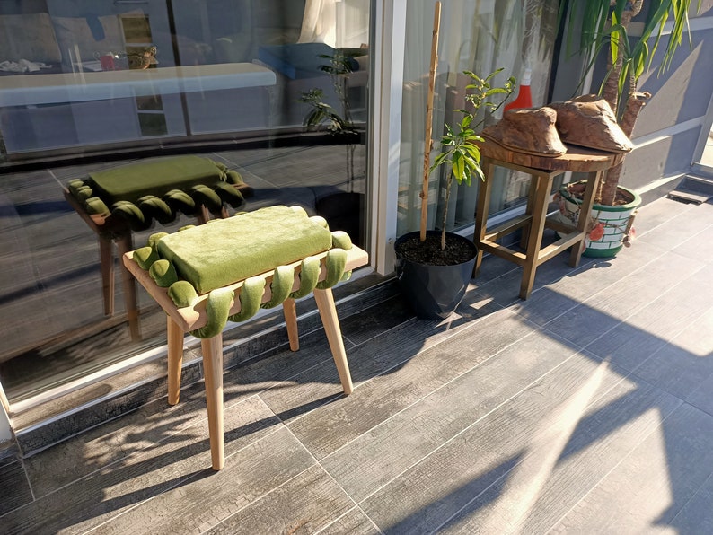 Green Woven Stool, Wooden Stool in Pistachio Green Cross Wavy Velvet Fabric, Unique gift, Living room, Make up Stool, Modern Design stool , image 6