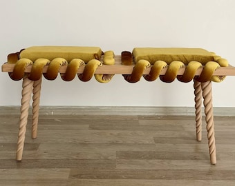 Bench, Wooden Bench in Mustard Yellow Cross Wavy Velvet Fabric, Living room bench, Ottoman bench, Modern Unique gift
