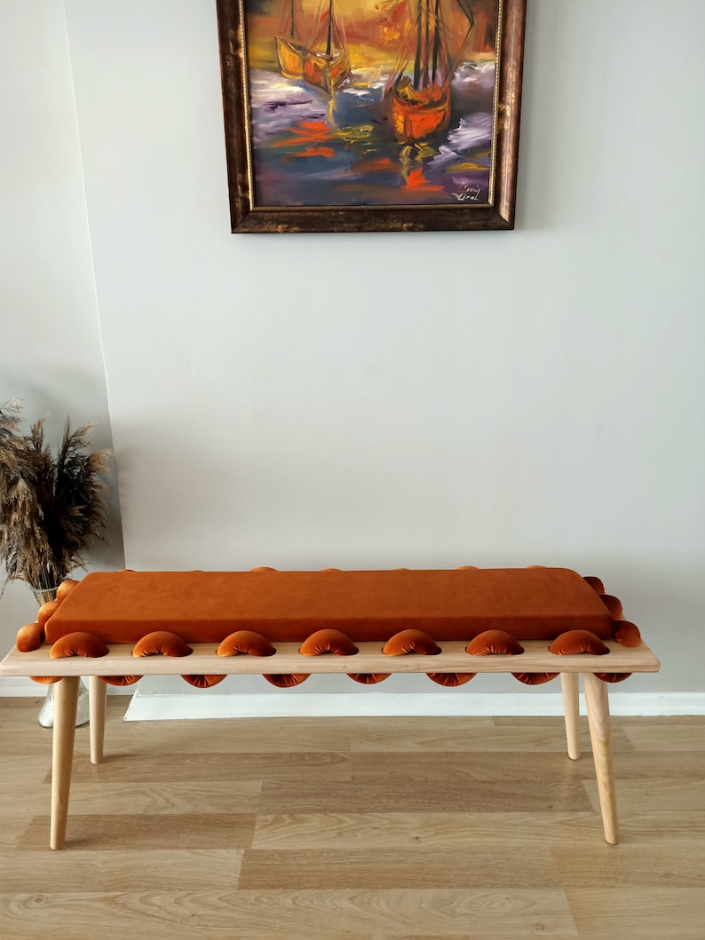 Long Bench, Wooden Orange Straight Wavy Velvet Fabric Bench, garden furniture, Ottoman bench, bedroom bench, entrway living room bench image 3