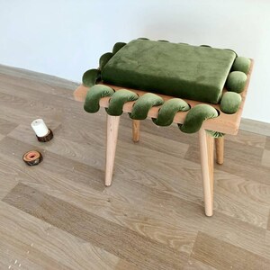 Green Woven Stool, Wooden Stool in Pistachio Green Cross Wavy Velvet Fabric, Unique gift, Living room, Make up Stool, Modern Design stool , image 2