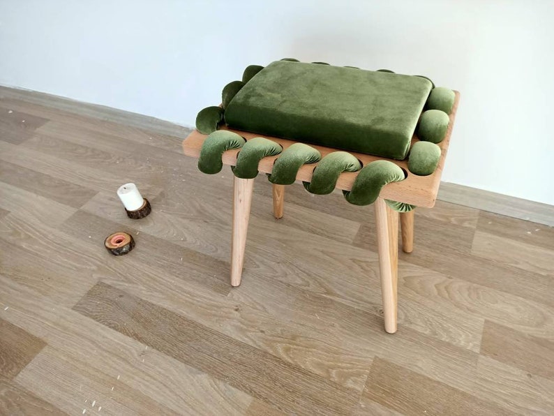 Green Woven Stool, Wooden Stool in Pistachio Green Cross Wavy Velvet Fabric, Unique gift, Living room, Make up Stool, Modern Design stool , image 2