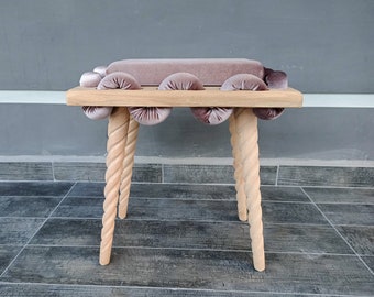 Wooden Stool in Beige Straight Wavy Velvet Fabric, Unique gift, Personalized gift, stool, Make up Stool, Design chair, Living room stool,