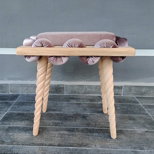 Wooden Stool in Beige Straight Wavy Velvet Fabric, Unique gift, Personalized gift, stool, Make up Stool, Design chair, Living room stool,